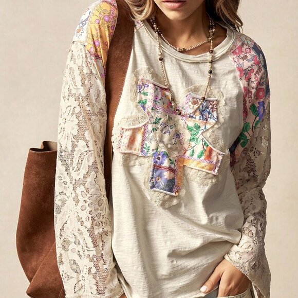 Apricot Boho Casual Women's Knit Contrast Lace Floral T-Shirt - Picture 5 of 9